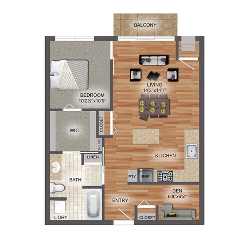 Floor plan for 1 bed, 1 bath, 730 sqft